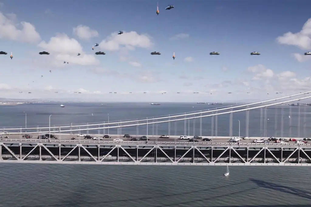 Conceptual image of future flying car traffic above a city bridge.
