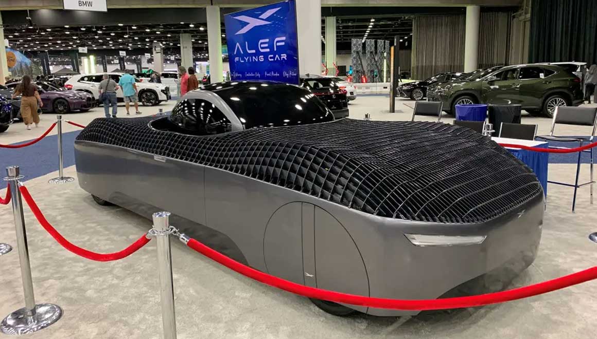 Image of Alef flying car on display at the Detroit Auto Show.