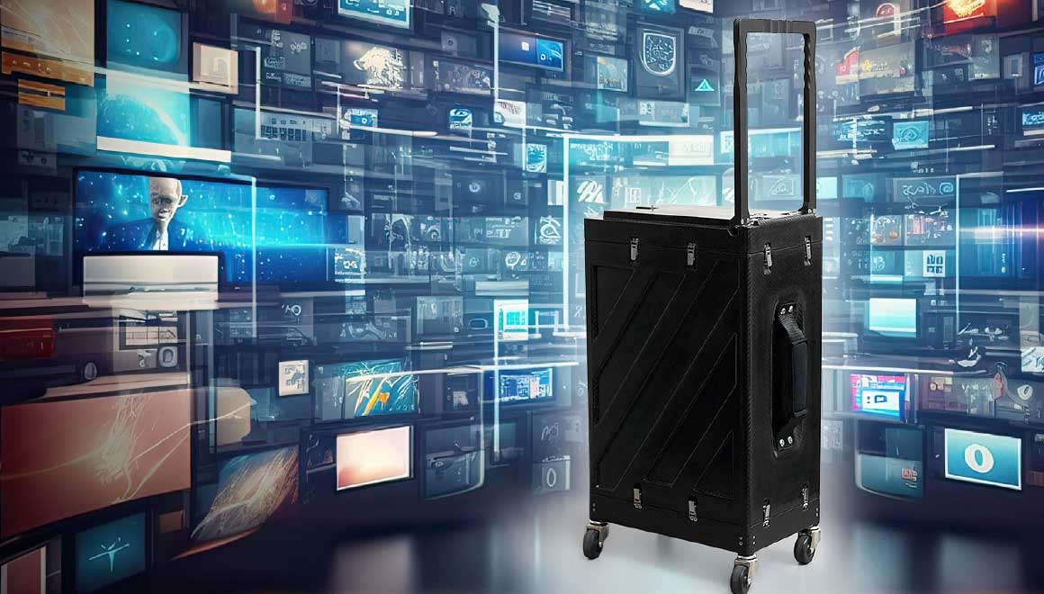 Groundbreaking suitcase-sized AI supercomputer placed before a wall of computed images.
