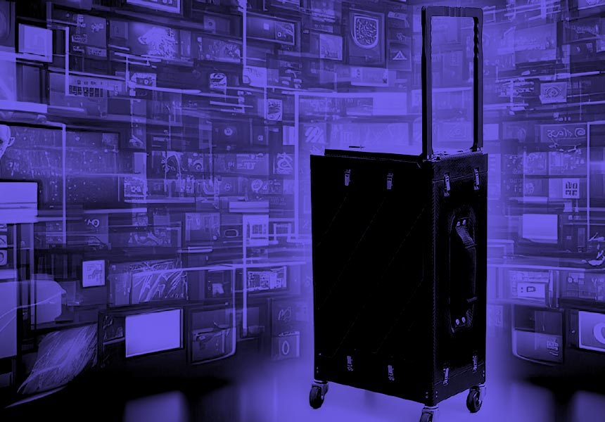 Groundbreaking suitcase-sized AI supercomputer placed before a wall of computed images.