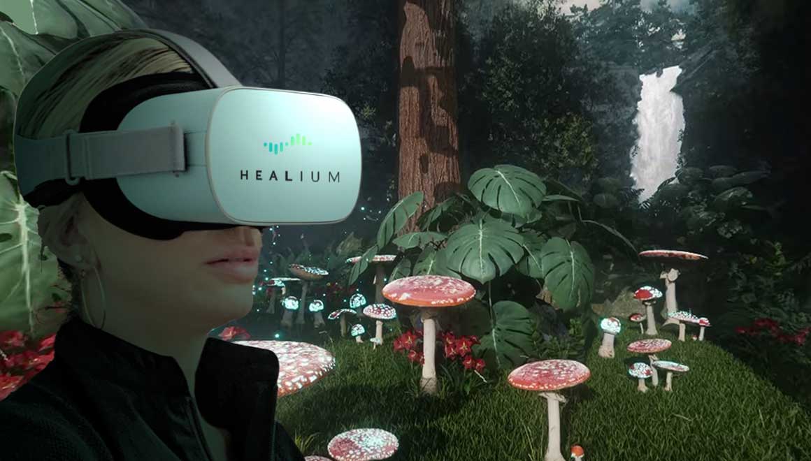 Woman wearing VR goggles experiencing a virtual forest.
