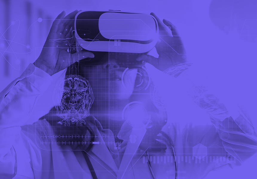 Image of a doctor wearing virtual reality goggles and using immersive healthcare technologies.