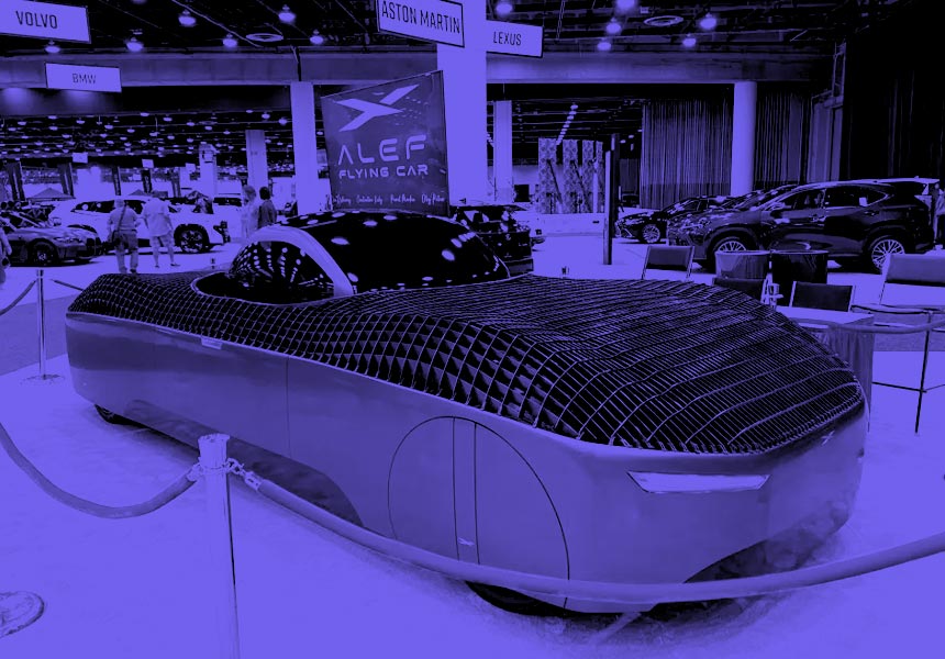 Image of Alef flying car on display at the Detroit Auto Show.
