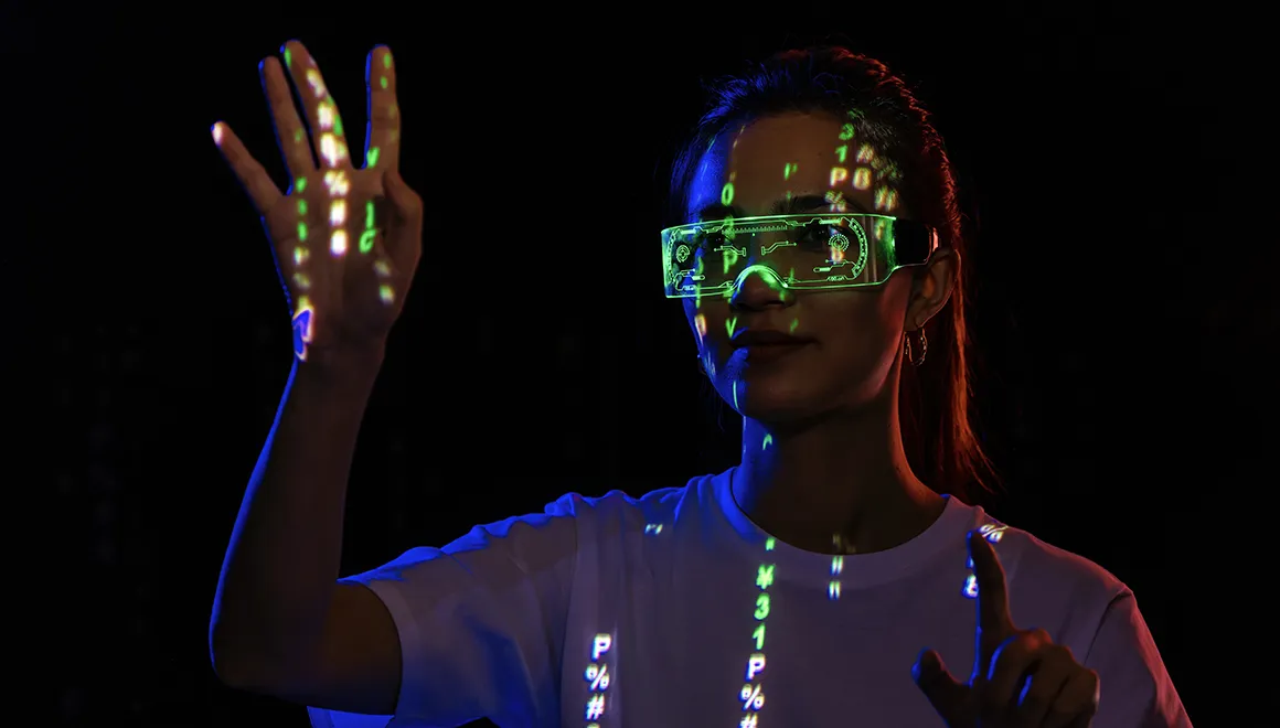 A woman wearing VR goggles engaging with content in the metaverse.