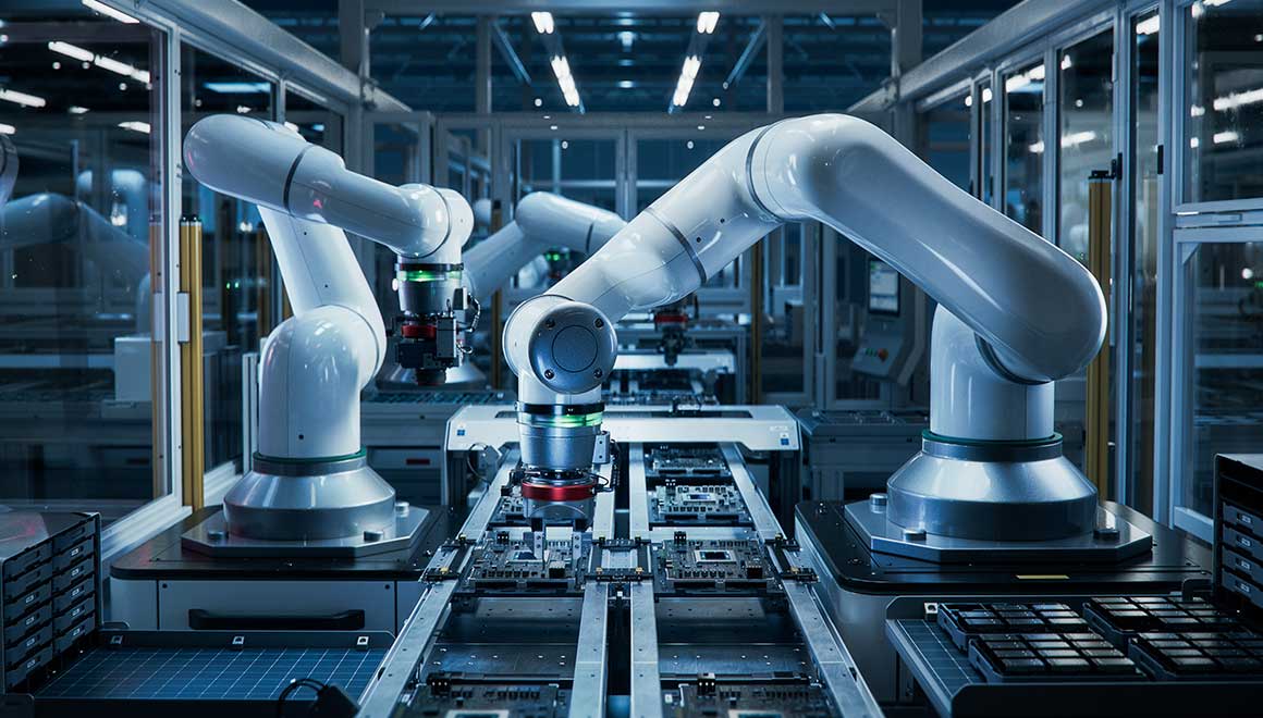 Industrial robots build computer parts on a factory assembly line.